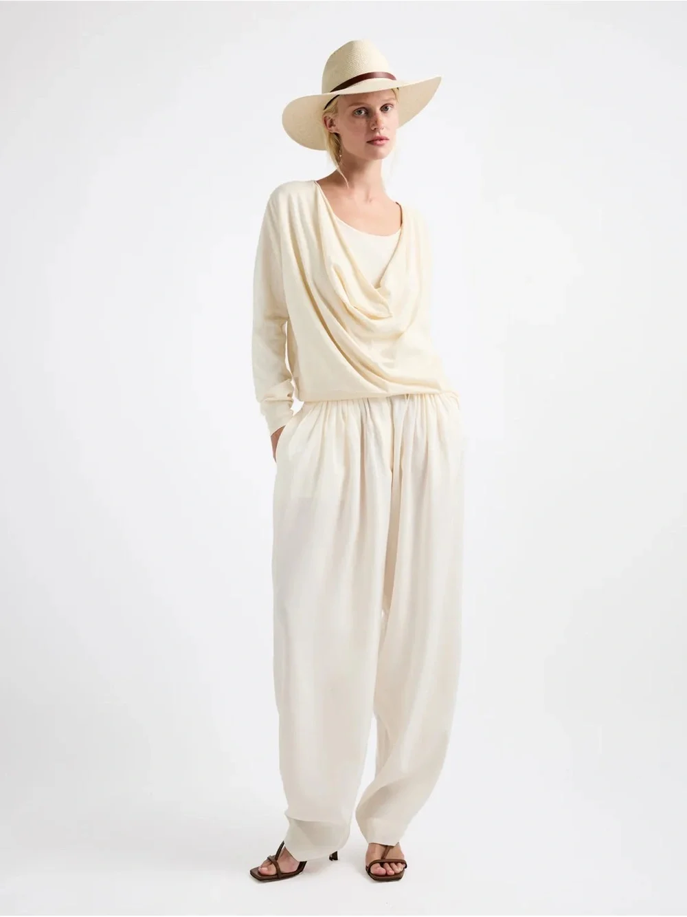 Janessa Leone Cream Panama Hat with Brown Band